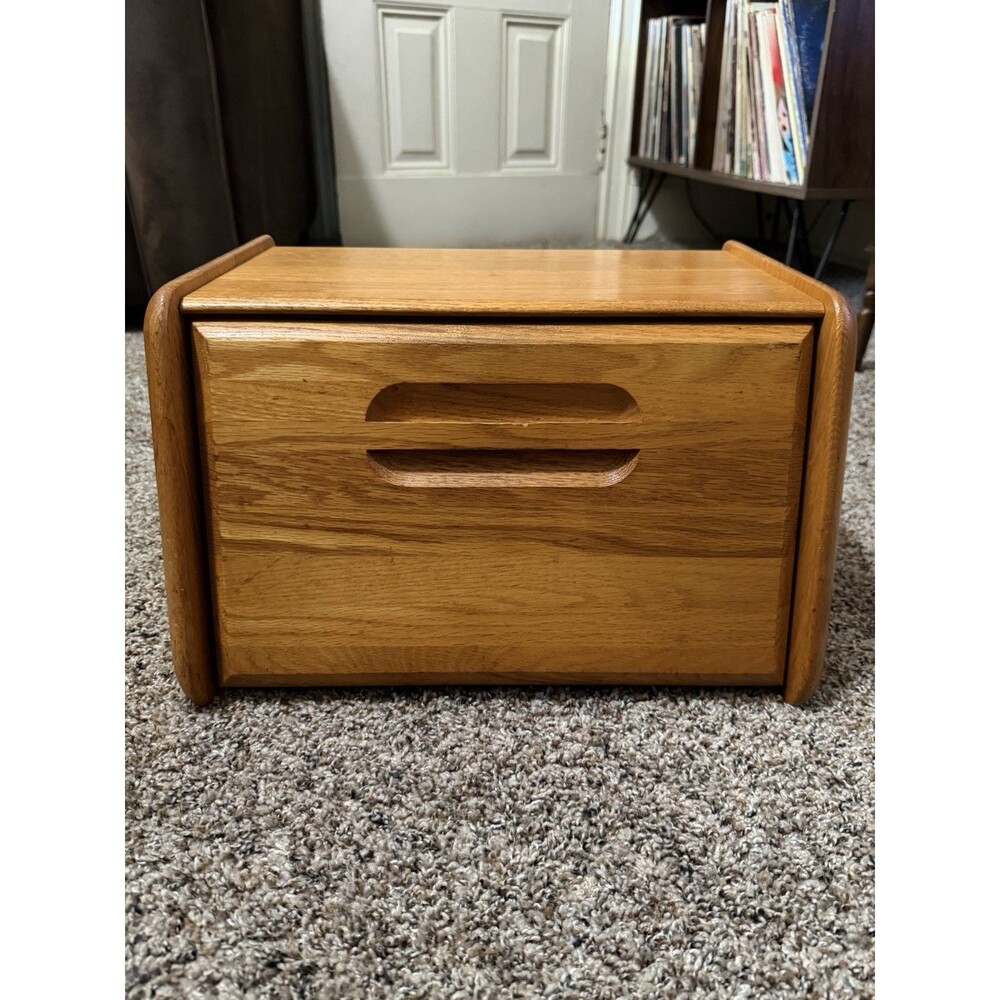 Vintage Cornwall USA Oak Wood Bread Box Drop Front Farmhouse Kitchen Storage